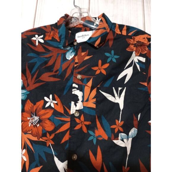 GoodFellow Shirt Men's Small Slim Navy Orange Button Front Short Sleeve Tropical - Picture 3 of 8